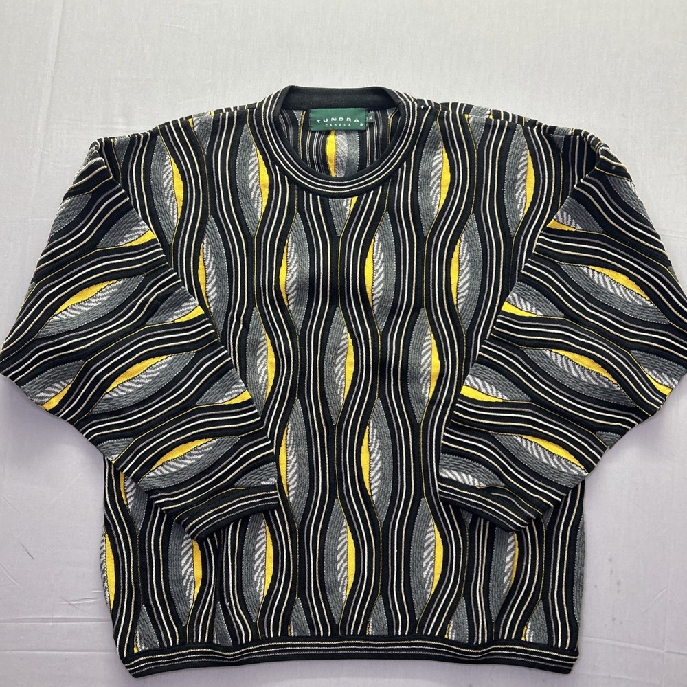 Vtg 90s TUNDRA CANADA Sweater Black Gray Gold Coogi Style Cosby Men's XL